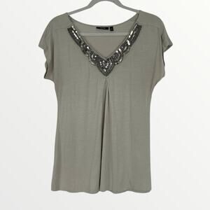 💙3 for $15 Apt. 9 Tan Sequin Beaded Embroidered V-Neck Short Sleeve Blouse